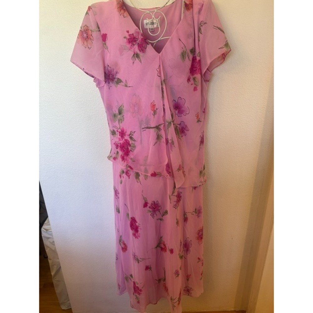 VTG Y2K Studio I Floral Chiffon Dress Size 14 Pink Layered Midi Sheath Fairy